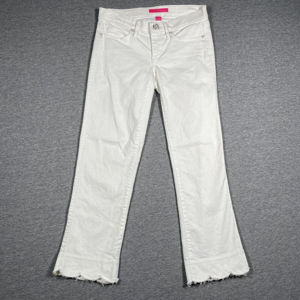 Lilly Pulitzer Jeans Womens 2 White Flared Mid Rise Stretch Scallop Hem Denim